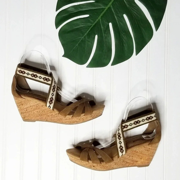 Minnetonka Drew Boho Brown Leather Cork Wedges 9 - Picture 2 of 8